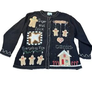Quaker Factory Christmas Cardigan Sweater XL Beaded Gingerbread Man Wool Blend